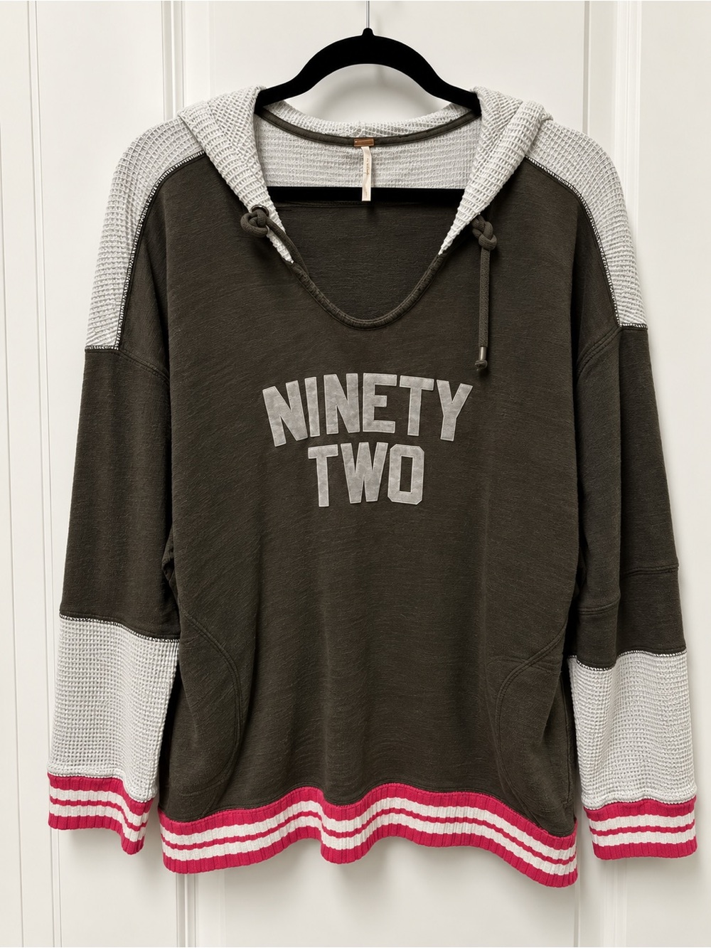 Free People Oversized Olive Hoodie with White & Pink Trim - Women's Sweatshirt